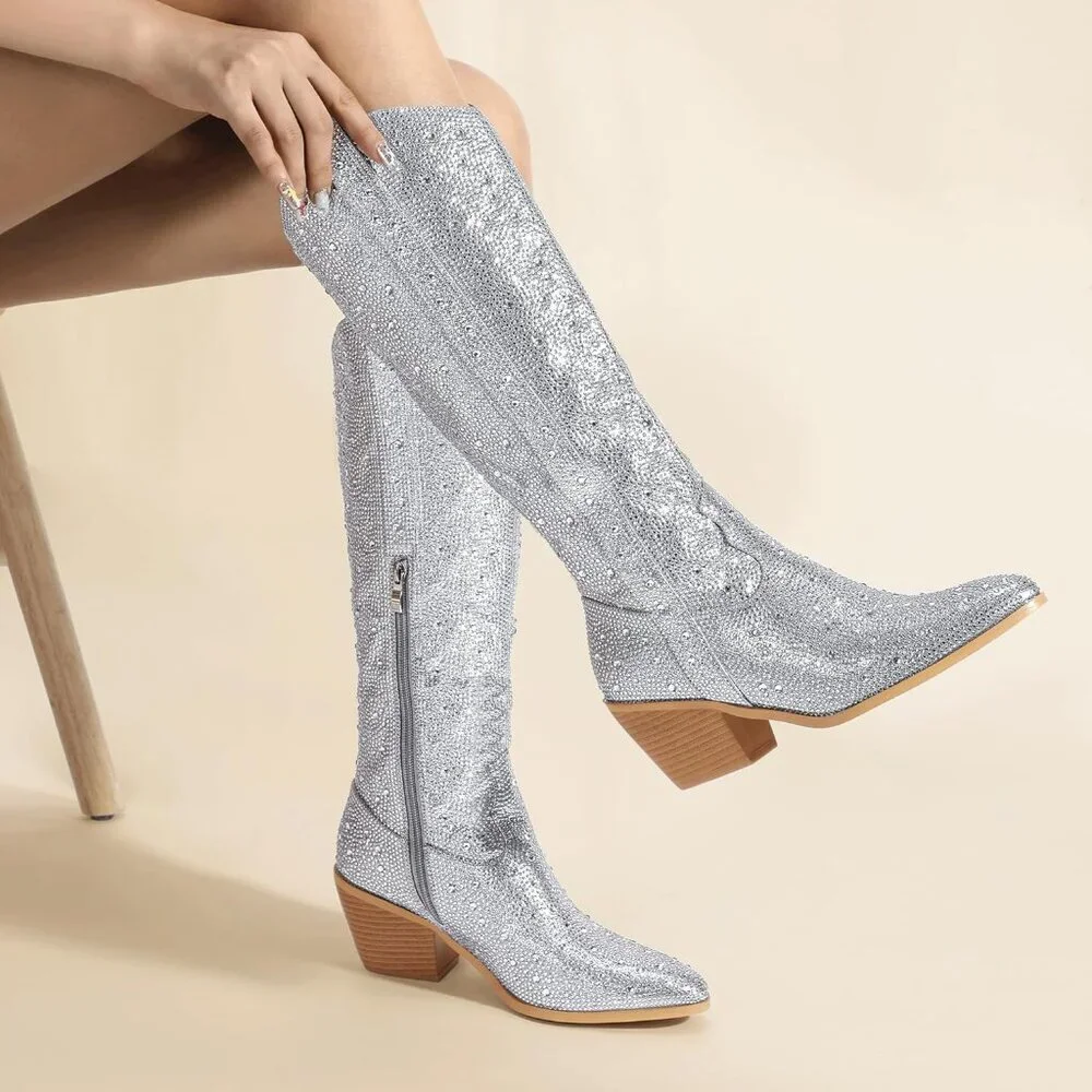 Women's Rhinestone Cowboy Boots Knee High Western Cowgirl Boots Pointed Toe
